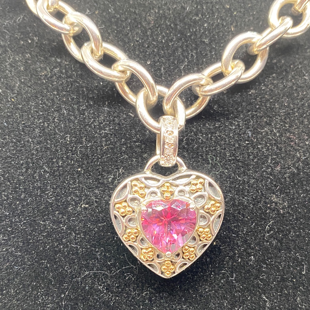 Silver Heart Pendant Necklace With Pink Stone